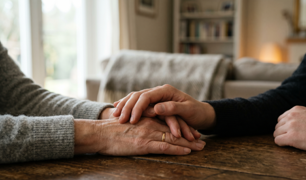 A close-up photograph showing hands holding in comfort, used to illustrate dealing with profound grief and navigating wrongful death claims in Louisiana.