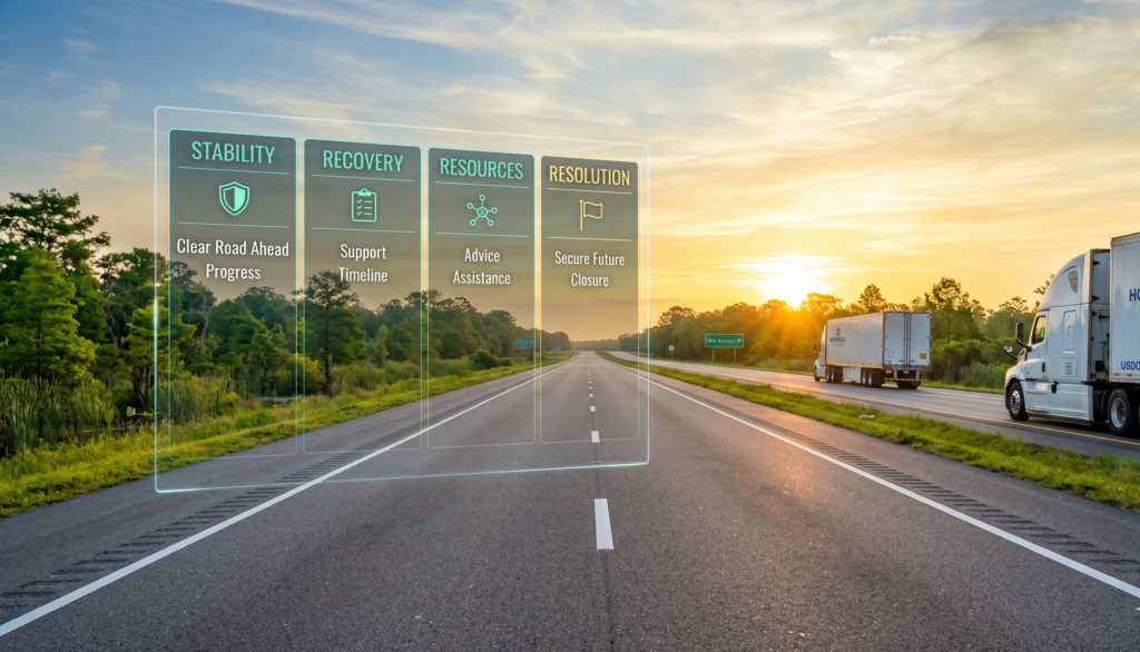 Sunrise over an open highway with a transparent legal roadmap graphic for commercial carrier claims.