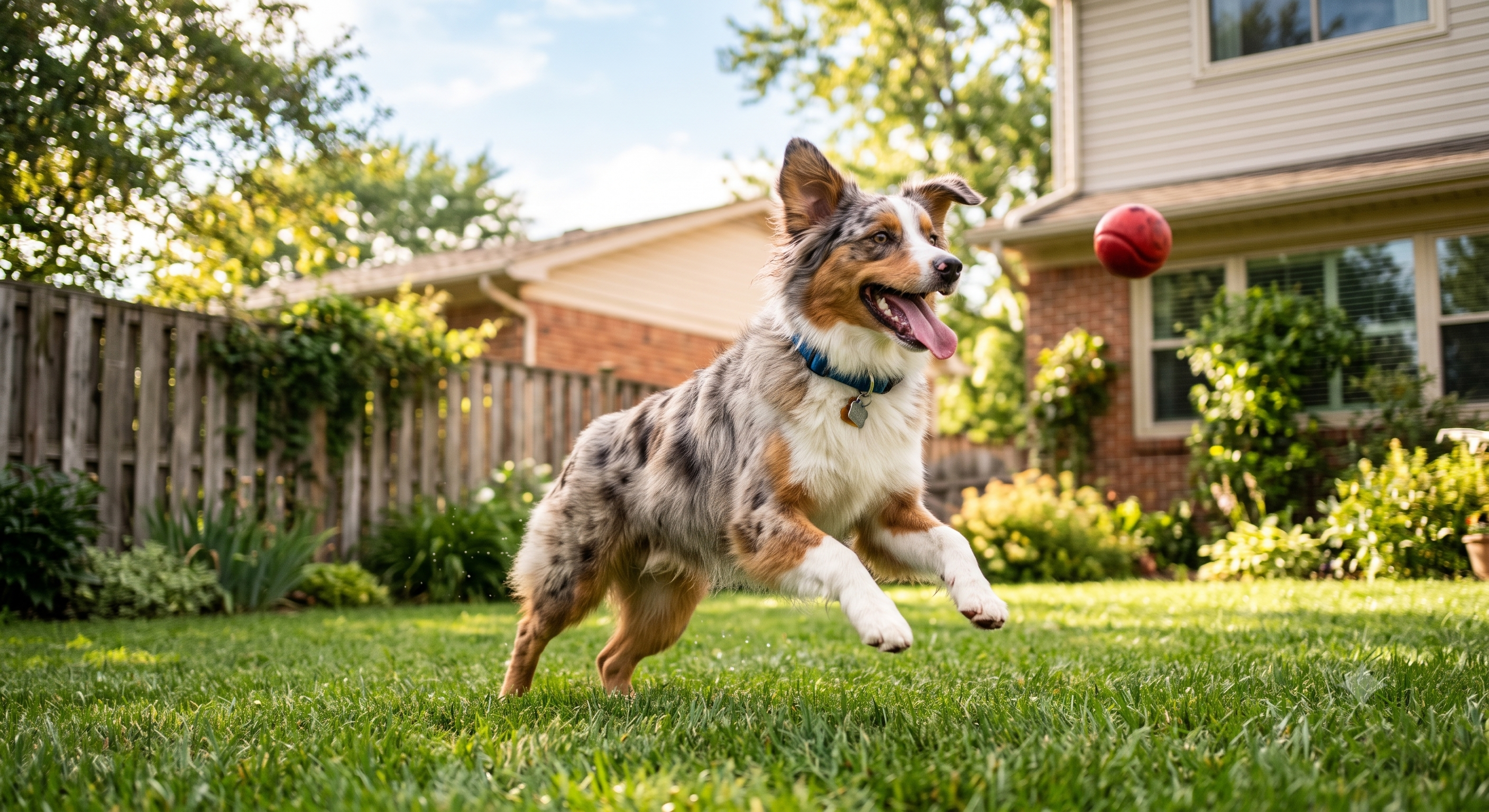 A calm, medium-sized dog standing on a leash in a suburban backyard with a wooden privacy fence.