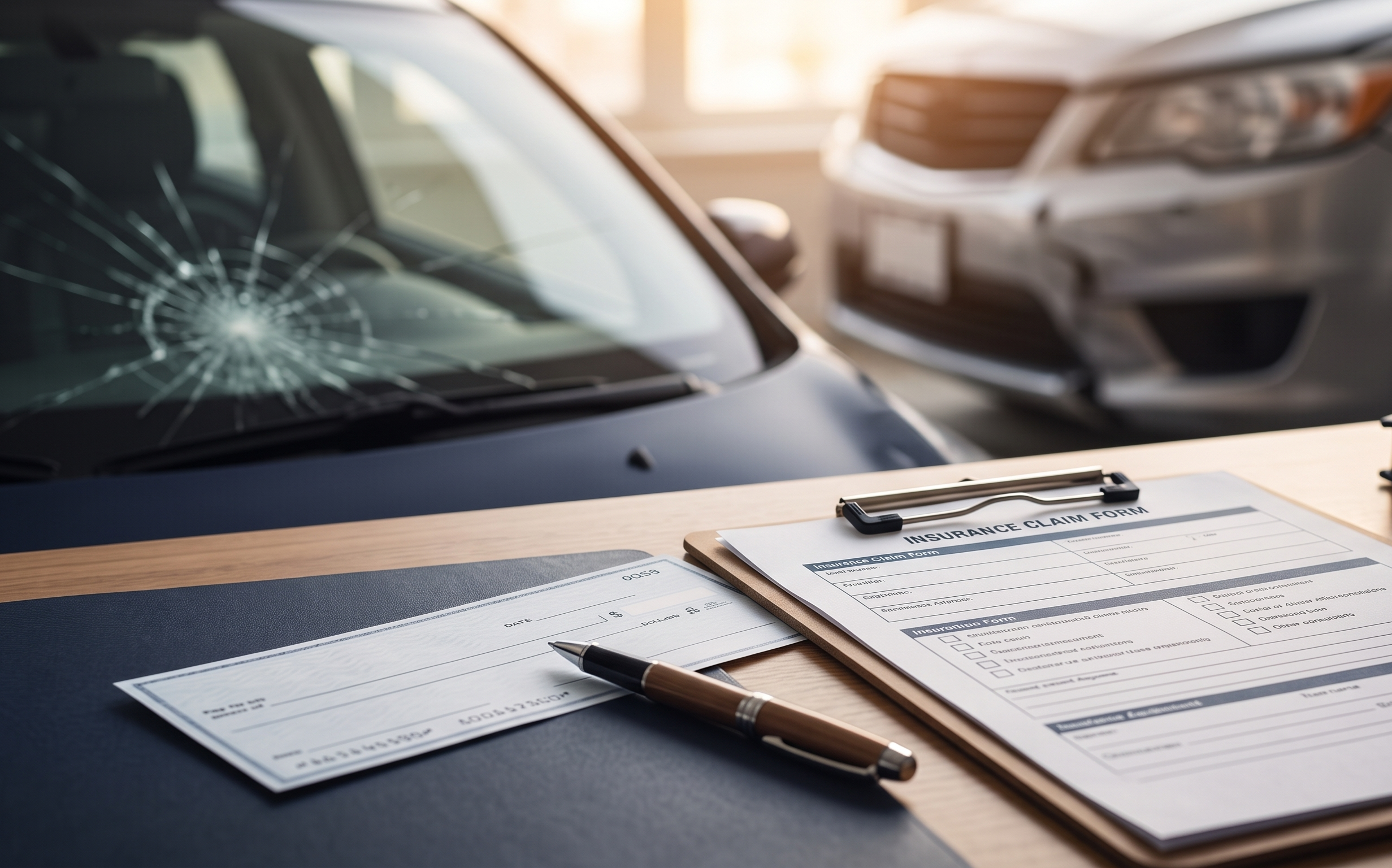 Damaged windshield, insurance claim form, and settlement check on a desk