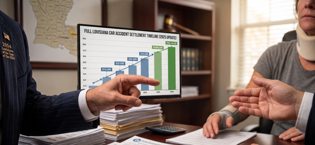 Louisiana attorney visualizes car accident settlement timeline during client consultation.