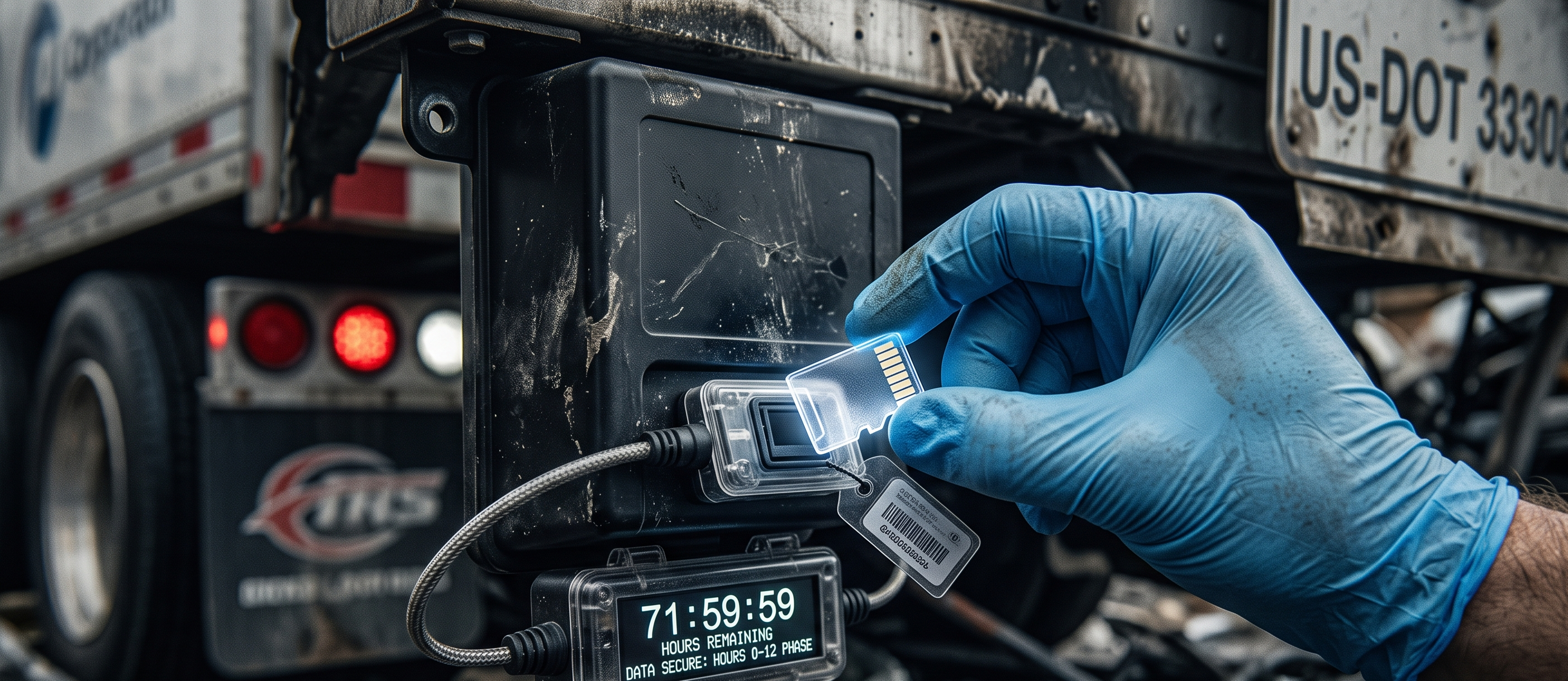 A gloved hand secures a digital memory card from a truck for accident evidence preservation.