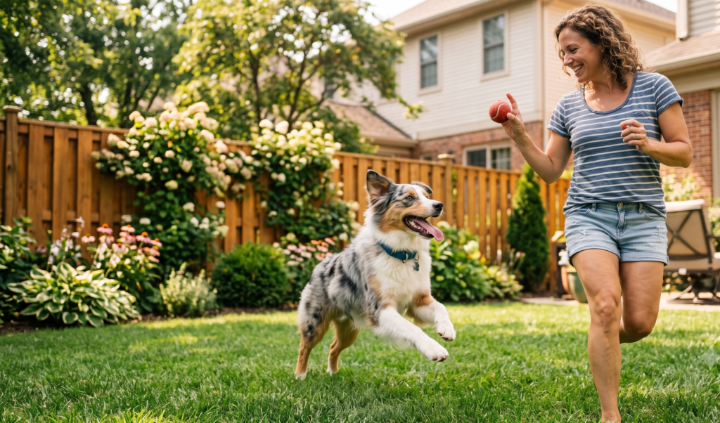 Woman playing fetch with a leashed Australian shepherd in a backyard, illustrating a Louisiana dog owner's responsibility and liability when their pet is uninsured.