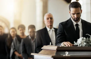 Grieving family at a funeral after a wrongful death in Slidell, Louisiana.