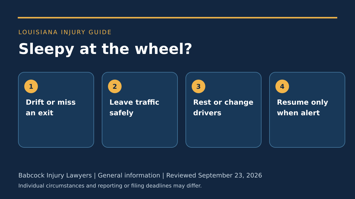 Four steps when a driver becomes sleepy: notice signs, leave traffic, rest or change drivers, and resume only when alert.