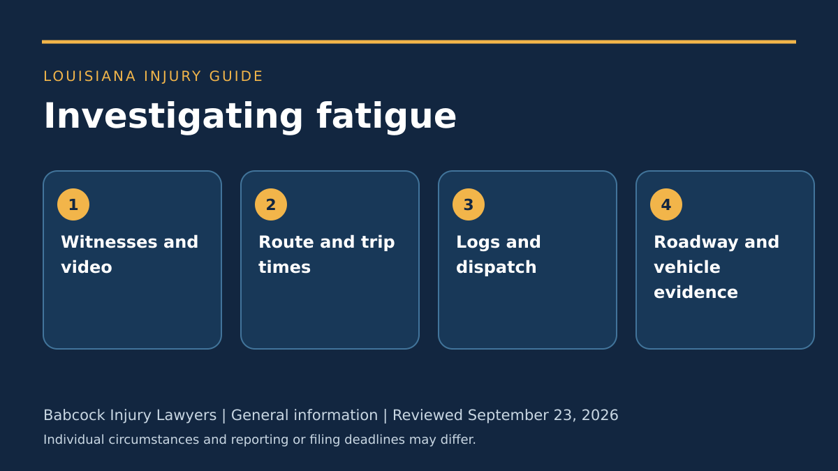 Four types of evidence used to investigate driver fatigue: witnesses and video, trip timing, logs and dispatch, roadway and vehicle evidence.