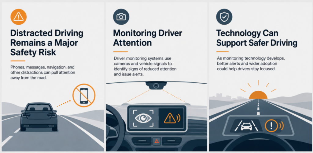 Illustration showing distracted driving as a safety risk, a vehicle monitoring the driver’s attention, and technology supporting safer driving.