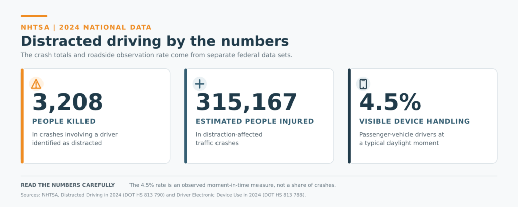 NHTSA 2024 statistics showing 3,208 people killed, an estimated 315,167 injured, and 4.5 percent of drivers visibly handling a device.